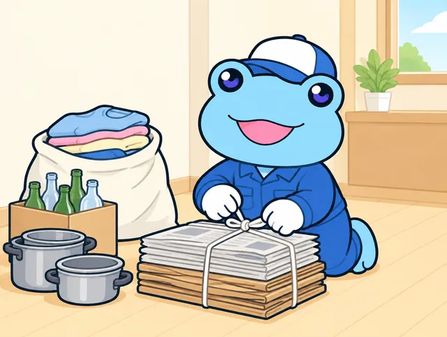 青い作業着のカエルのキャラクターが、古新聞と段ボールをひもで束ねているイラスト。横に古着の袋と空きびんの箱、古い鍋が置いてある