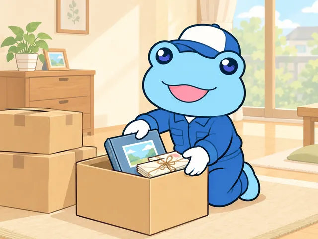 青い作業着のカエルのキャラクターが、明るい部屋で膝をつき、アルバムと手紙の束を段ボール箱にそっと入れているイラスト