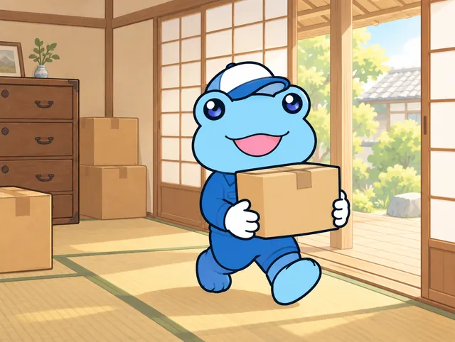障子のある和室で、青い作業着のカエルのキャラクターが段ボール箱を抱えて縁側のほうへ運んでいるイラスト。たんすと段ボール箱が置いてある