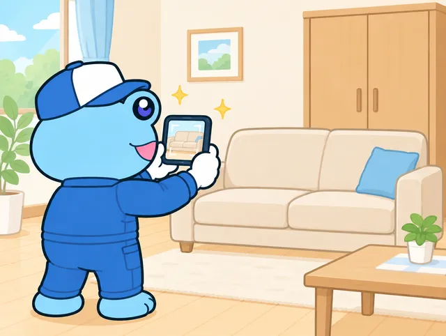 青い作業着のカエルのキャラクターが、スマートフォンでリビングのソファの写真を撮っているイラスト