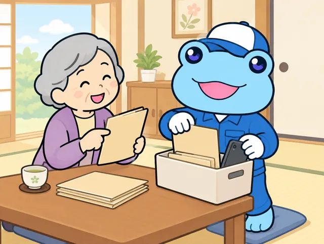 和室のちゃぶ台で、白髪の女性が書類を手に笑い、青い作業着のカエルのキャラクターが書類とスマートフォンを箱に整理しているイラスト