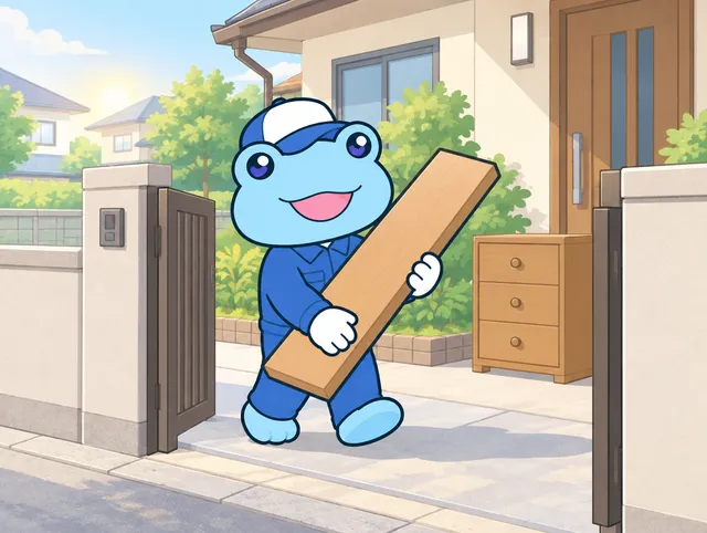 朝の一戸建ての門の内側へ、青い作業着のカエルのキャラクターが長い板を運び出しているイラスト。横に小さなたんすが置いてある
