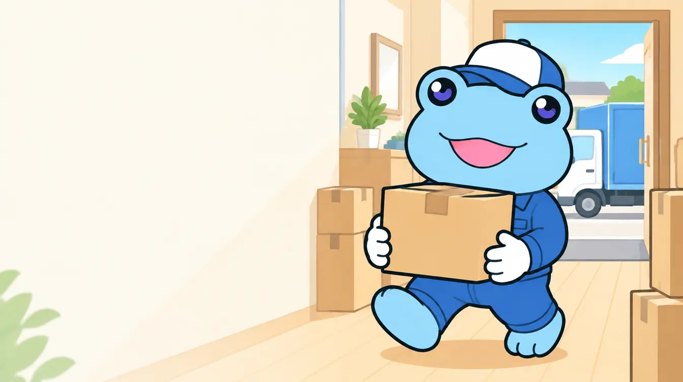 青い作業着と帽子のカエルのキャラクターが、段ボール箱を抱えて部屋の中を運んでいるイラスト。開いた扉の外にトラックが見える